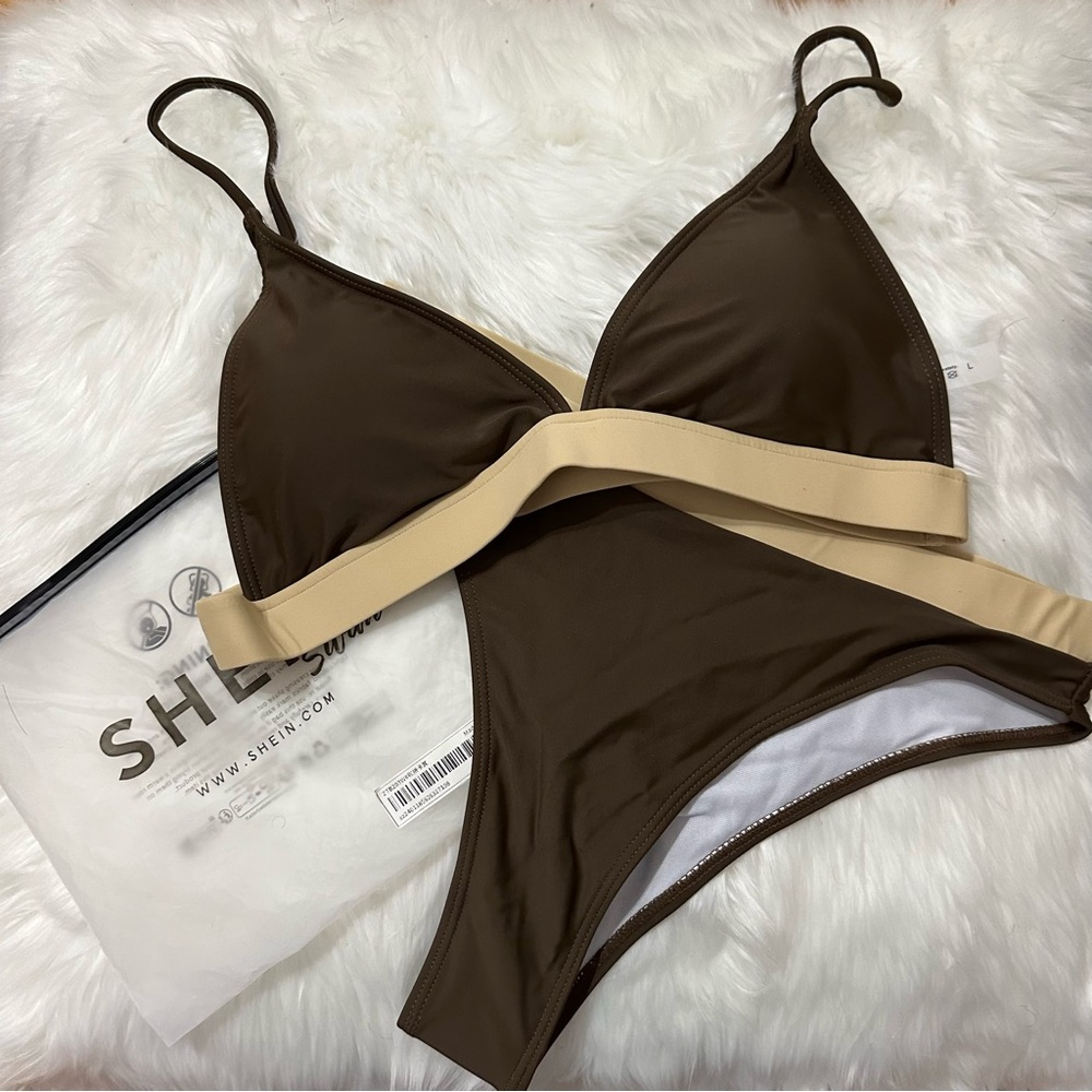 Color Block Brown Triangle Spaghetti Strap Highwaisted Swimsuit